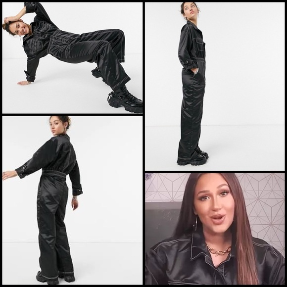 ASO Adrienne Houghton Collusion Y2K Satin Sleek Black Moto Wide Leg Jumpsuit 6 - Picture 1 of 16
